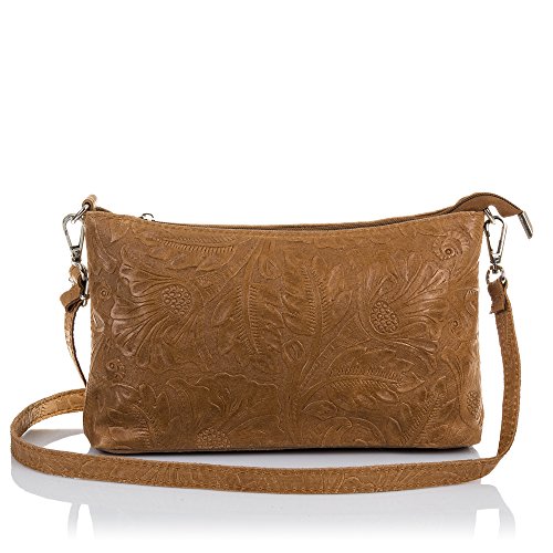 Firenze ARTEGIANI. Bolso Piel auténtica Mujer Grabado arabescos Lacado. Bolso de Mano.Mujer. Made in Italy. Vera Pelle Italiana. 27x15x7 5 cm. Color: Leather