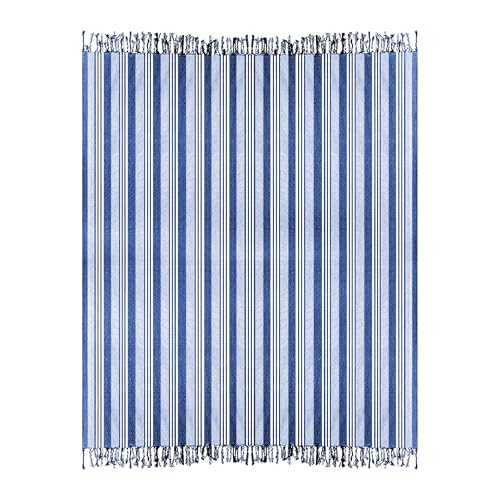 H HANSEL HOME Fouta Playa XXL de Algodón/Poliéster 210x240 cm con Flecos, Toalla Playa Grande para Familia, Toallas Gigantes de Playa para Verano y Vacaciones - Azul, A