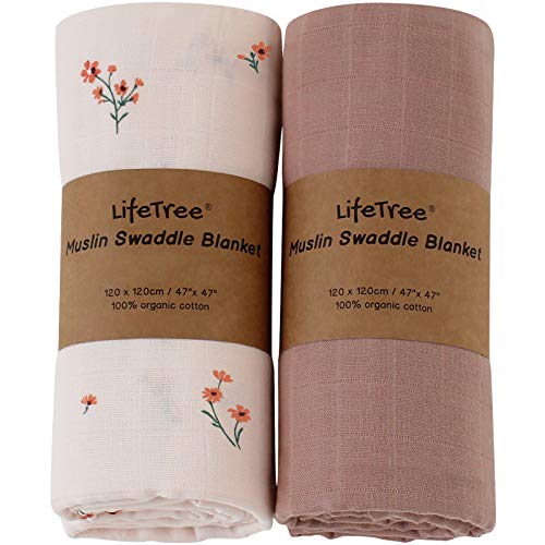 LifeTree Pack de 2 Bebé Muselina Swaddle Manta, 100% Orgánico Algodón Muselinas Mantitas para Bebes, Mantas Envolventes 120x120 cm