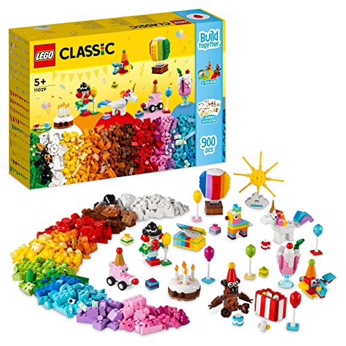 LEGO Classic Caja Creativa: Fiesta, Piezas de Juego de Mesa en Familia, Juguete para Niños y Niñas de 5 Años o Más, 12 Mini Construcciones, Coche, Osito de Peluche, Unicornio, Idea de Regalo 11029